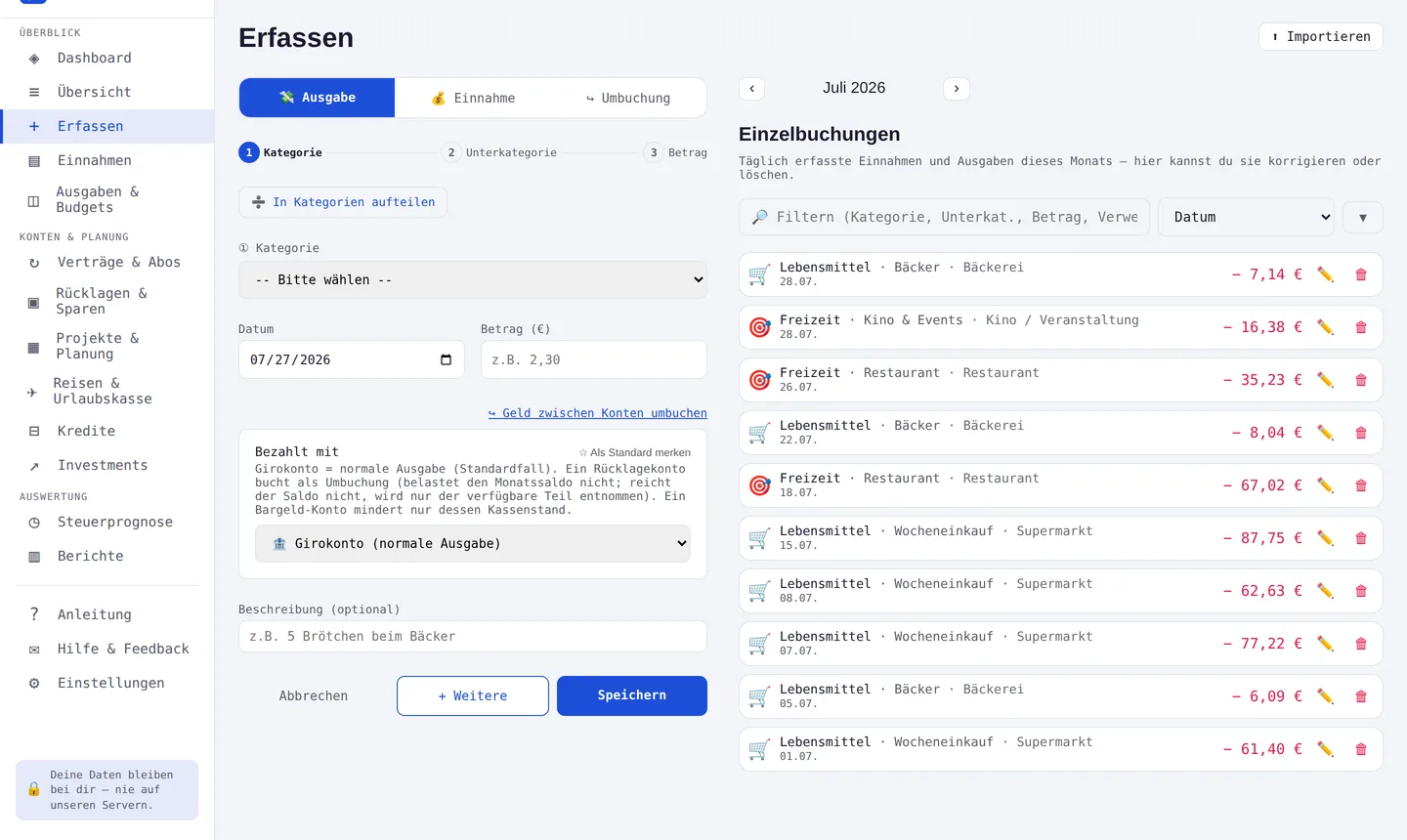Finavero Erfassen – Screenshot