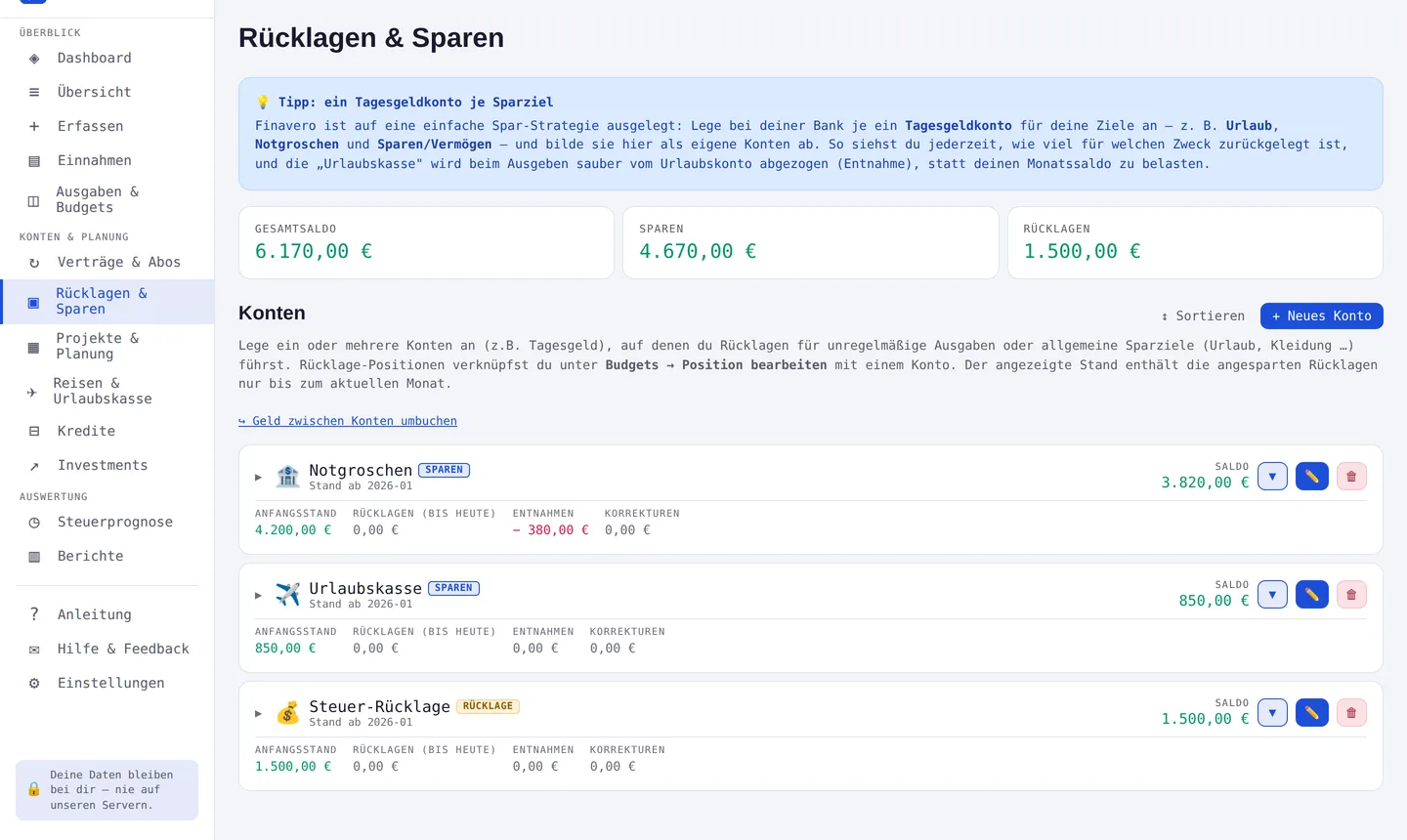 Finavero Rücklagen & Sparen – Screenshot