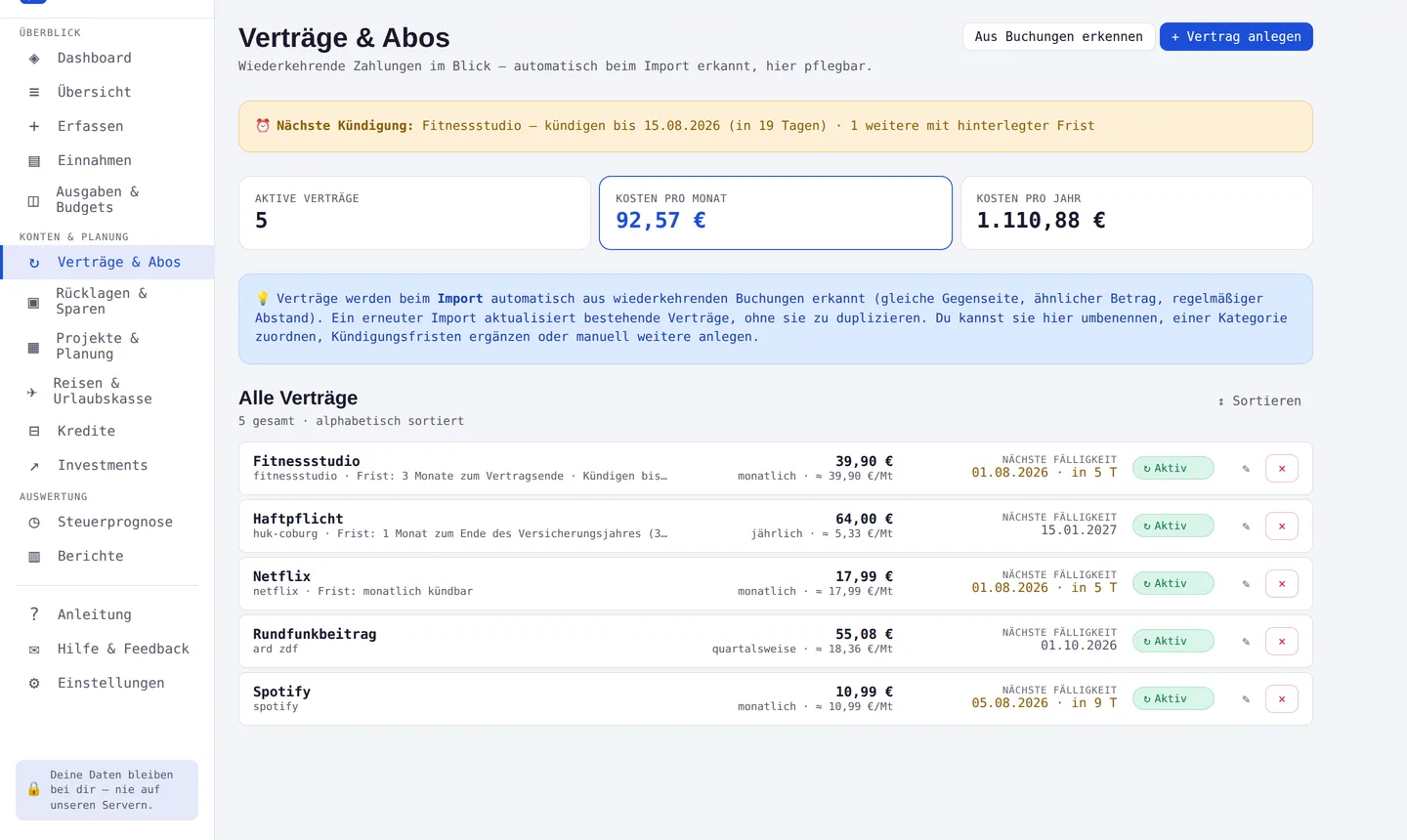 Finavero Verträge & Abos – Screenshot